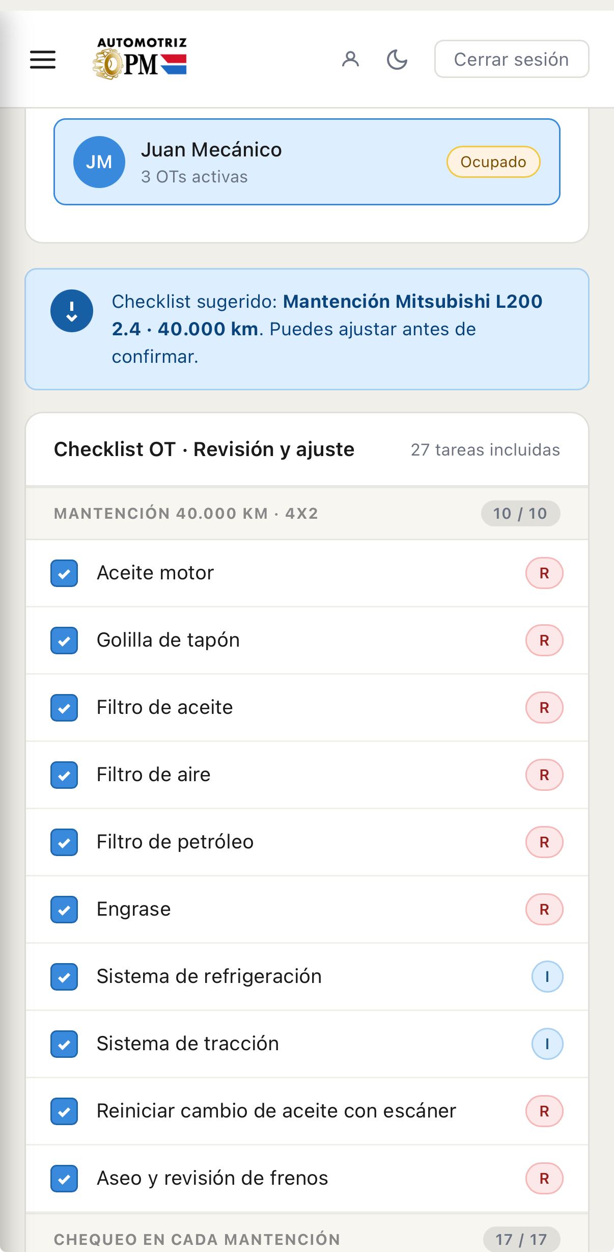 Asignación de orden de trabajo a mecánico con checklist sugerido