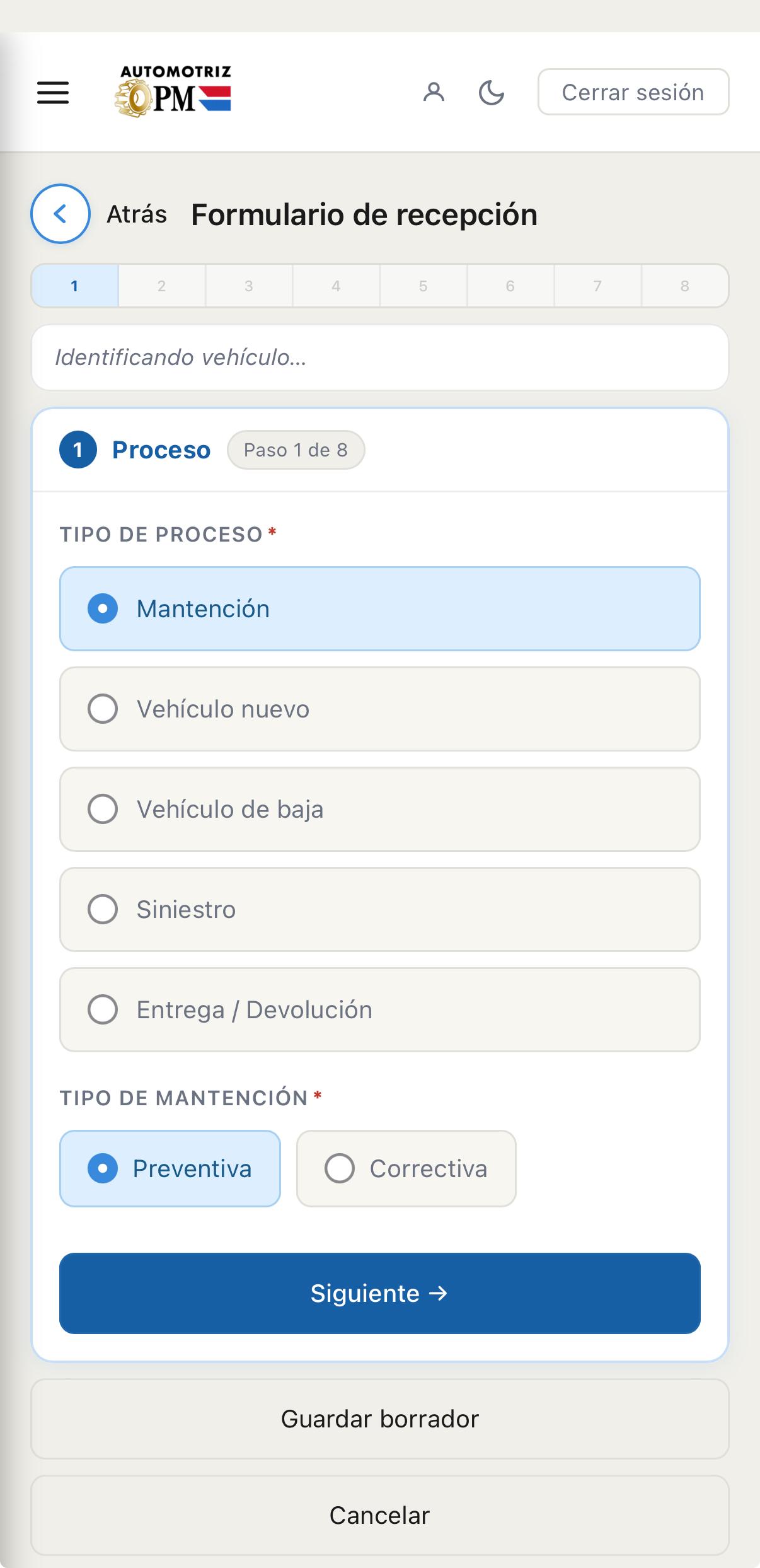Formulario de recepción, paso 1: tipo de proceso