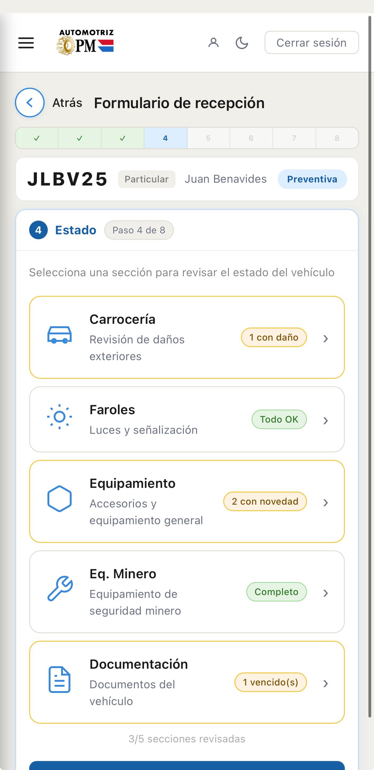 Formulario de recepción, paso 4: estado del vehículo