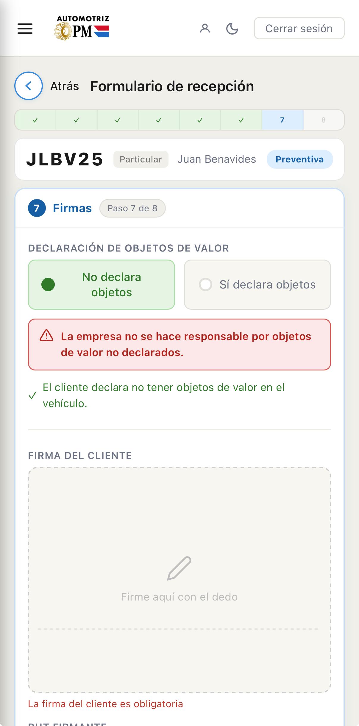 Formulario de recepción, paso 7: firma digital