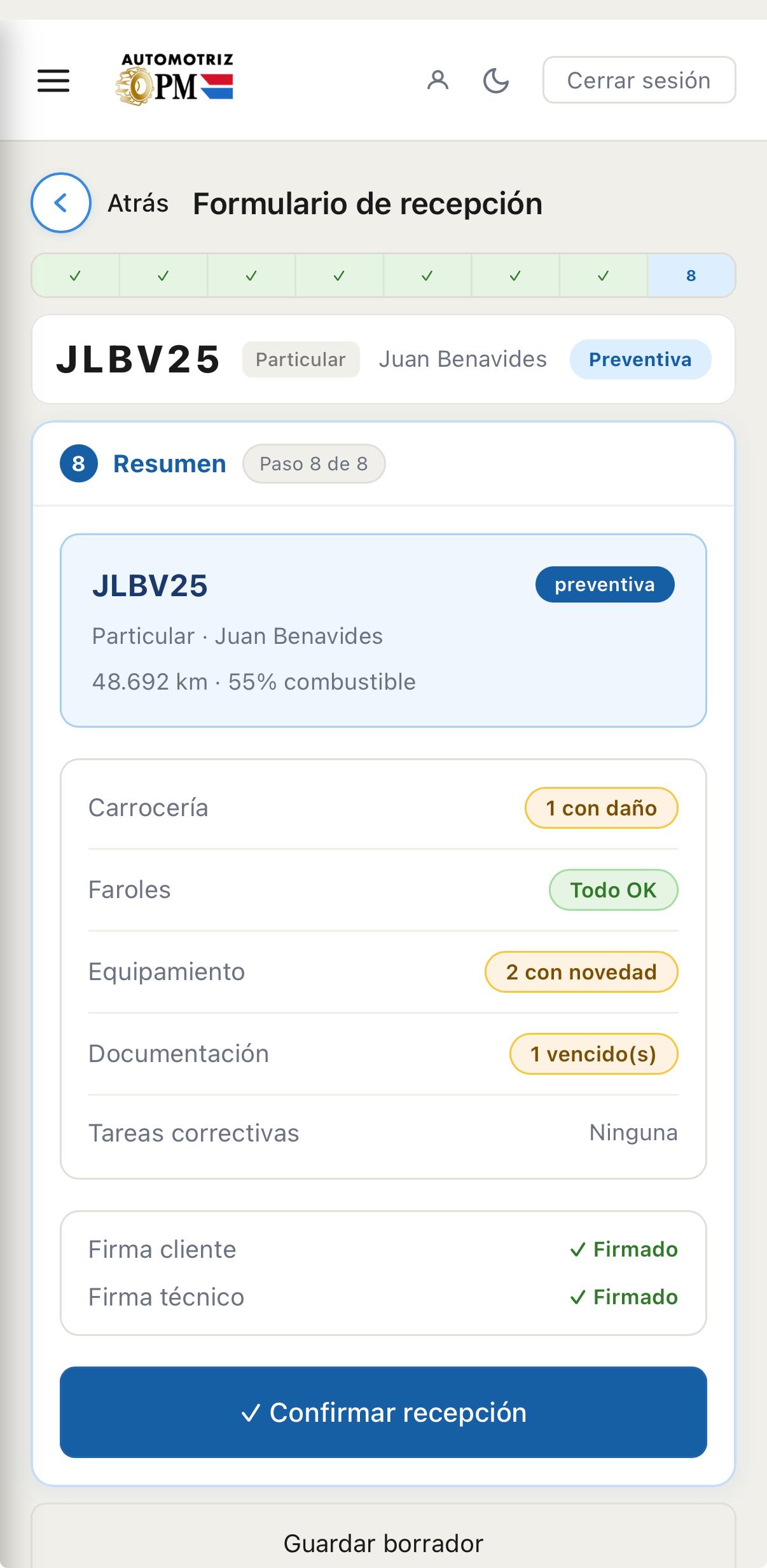 Formulario de recepción, paso 8: resumen y confirmación