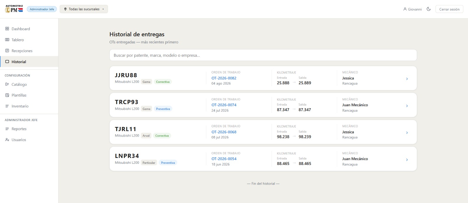 Historial de entregas con órdenes de trabajo completadas