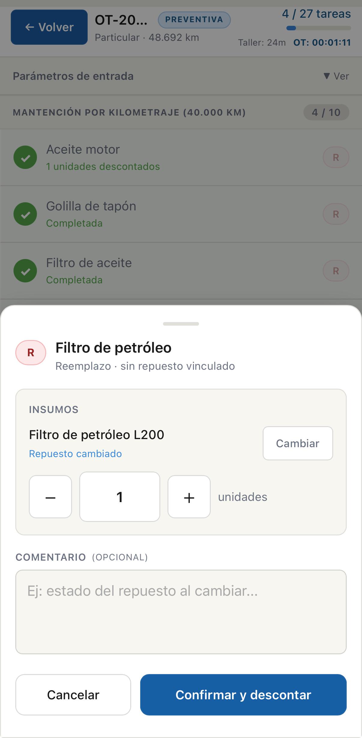 Registro de repuesto usado y descuento automático de stock