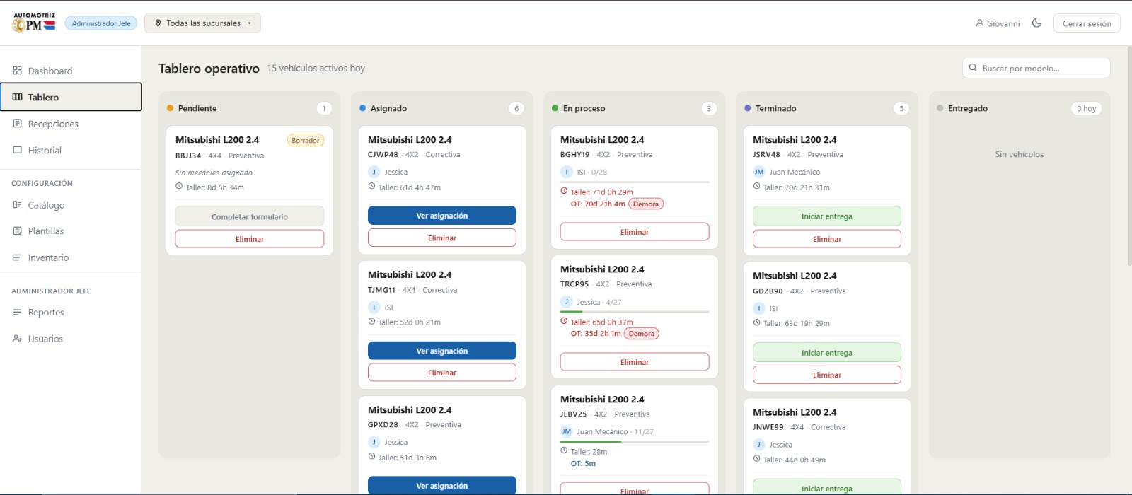 Tablero Kanban de Automotriz OPM mostrando vehículos por estado